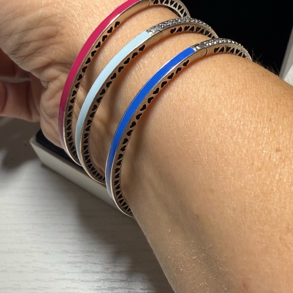 Pandora Set of 3 Bracelets Silver Hearts Enamel Bangles w/ BOX - Picture 7 of 8